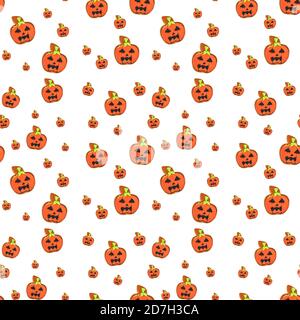 Kreatives Muster aus Kürbis auf weißem Hintergrund. Minimale flache Verlegung. Halloween-Konzept. Stockfoto