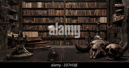 Der Zauberer Zimmer mit Bibliothek, alte Bücher, Trank, und gruselige Dinge 3d Render 3d-Illustration Stockfoto