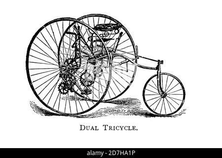 Doppeldreirad mit zwei großen Vorderrädern von Wheels and Wheeling; ein unverzichtbares Handbuch für Radfahrer, mit über zweihundert Abbildungen von Por Stockfoto