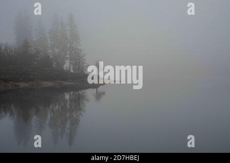 23. Oktober 2020, Niedersachsen, Oderbrück: Bäume spiegeln sich im nebligen oder-Teich. Foto: Swen Pförtner/dpa Stockfoto