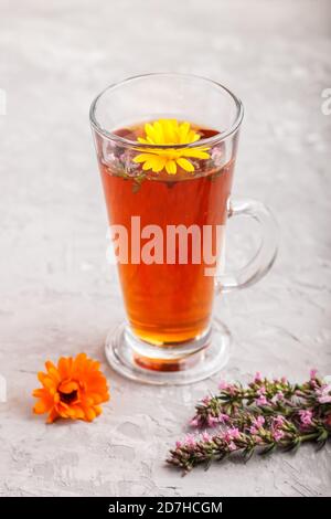 Glas Kräutertee mit Ringelblume und Ysop auf grauem Betongrund. Morninig, Frühling, gesundes Getränkekonzept. Seitenansicht, selektiver Fokus, clos Stockfoto