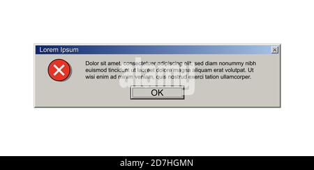 Altes Computerfenster mit Fehlermeldung. Retro-pc-Schnittstelle mit Problem oder Glitch, vintage Web-Browser Alarm, Software-System-Bug. Bildschirmvektor 90s Stock Vektor
