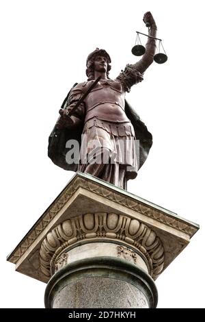Säule mit Statue der Gerechtigkeit isoliert auf weißem Hintergrund, Piazza Santa Trinita, Florenz, Toskana, Italien. Es stammt aus den Caracalla-Thermen. Stockfoto