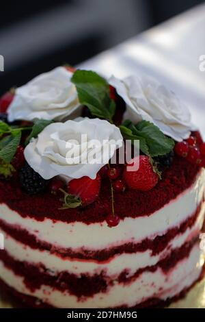 Roter Samtkuchen mit Nahaufnahme mit weißen Rosen Stockfoto