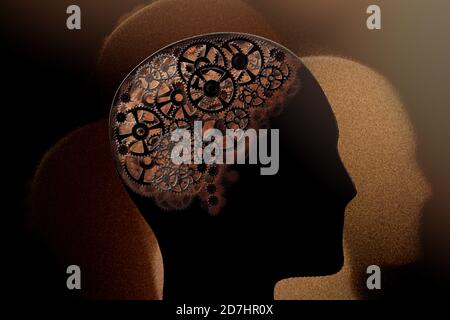 3D-Darstellung eines konzeptuellen Bildes eines menschlichen Gehirns aus Zahnrädern. Stockfoto