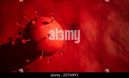 Konzept oder konzeptionelle 3d-Darstellung von Coronavirus auf rotem Hintergrund Als Warnung vor dem weltweiten Ausbruch und der Gefahr von Übertragung von Coronavirus Stockfoto