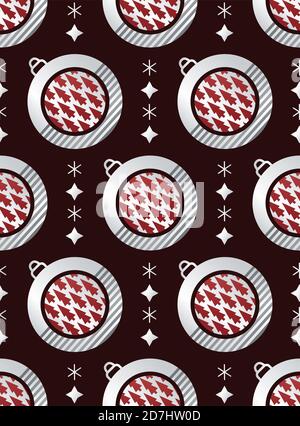 Weihnachten abstrakte Geometrie Bälle und Weihnachtsbäume. Silbernes geometrisches Nahtloses Muster auf dunkelrotem Hintergrund Stock Vektor