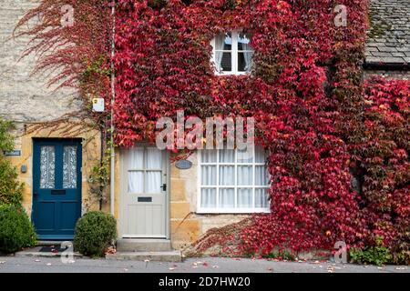 Sheep Street Cottages bedeckt in Boston Ivy im Herbst. Staw on the Wold, Gloucestershire, Cotswolds, England Stockfoto