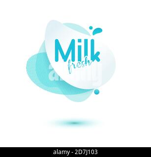 Milchabzeichen und Molkereietiketten mit Spritzern und Bolzen. Milchabzeichen mit Tropfen und Spritzer für Etiketten der Verpackung. Flüssige Amöben Formen Stock Vektor