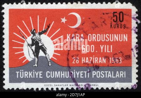 Republik Türkei. Republik Türkei Briefmarke. Republik Türkei historische Briefmarke. Eine Briefmarke gedruckt in der Republik Türkei. Stockfoto