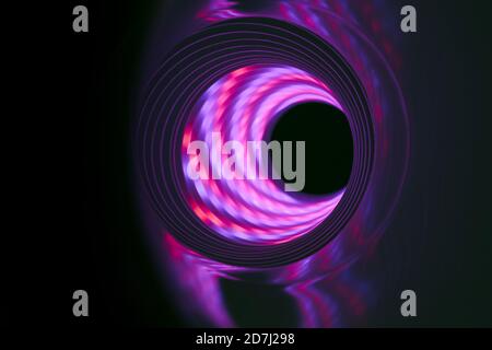 Schöner abstrakter Wirbeltunnel mit mehrfarbigem Neonlicht auf einem Hintergrund Pttern strukturiert für deisgn. Stockfoto