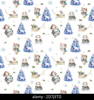 Niedliche Kuh im Winterkostüm nahtloses Muster. 2021 das Jahr des Ochsen. Tier in Weihnachten Urlaub Cartoon Charakter Hintergrund Hand gezeichnet Aquarell Stockfoto