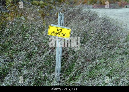 Ein "No Hunting"-Schild auf Privateigentum an der Grenze zwischen Ackerland und Wald in der Nähe der Stadt Orangeville im Süden von Ontario, Kanada. Stockfoto