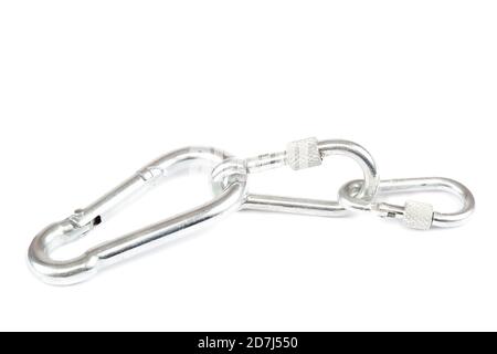 Locks Karabiner für den Einsatz in Rucksack, Handtasche oder Extremsport, isoliert auf weißem Hintergrund. Stockfoto