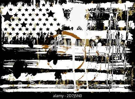 Abstraktes Hintergrunddesign, mit Farbstrichen, Spritzern, Sternen und Streifen, grungy, USA-Flagge, auf schwarz Stock Vektor