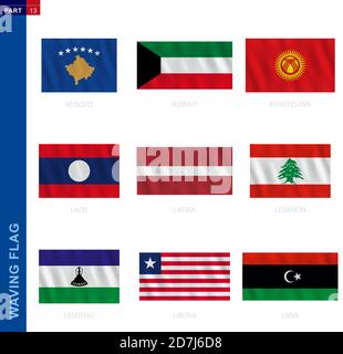 Kollektion mit wehenden Fahnen im offiziellen Verhältnis. 9 Vektorflaggen: Kosovo, Kuwait, Kirgisistan, Laos, Lettland, Libanon, Lesotho, Liberia, Libyen Stock Vektor