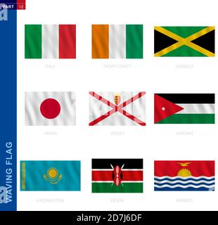 Kollektion mit wehenden Fahnen im offiziellen Verhältnis. 9 Vektorfahnen: Italien, Elfenbeinküste, Jamaika, Japan, Jersey, Jordanien, Kasachstan, Kenia, Kiribati Stock Vektor