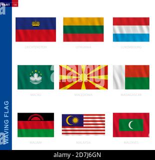 Kollektion mit wehenden Fahnen im offiziellen Verhältnis. 9 Vektorflaggen: Liechtenstein, Litauen, Luxemburg, Macau, Mazedonien, Madagaskar, Malawi, Malaysia, M Stock Vektor