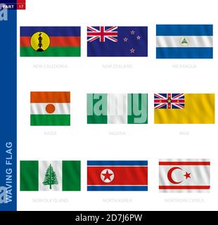 Kollektion mit wehenden Fahnen im offiziellen Verhältnis. 9 Vektorflaggen: Neukaledonien, Neuseeland, Nicaragua, Niger, Nigeria, Niue, Norfolkinsel, Nordkore Stock Vektor