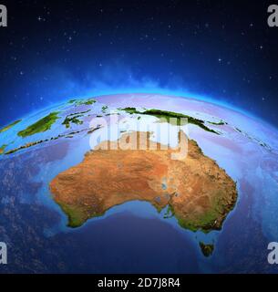Oberfläche des Planeten Erde von einem Satelliten aus betrachtet, fokussiert auf Australien. Physische Karte des australischen Kontinents. Von der NASA eingerichtete Elemente Stockfoto