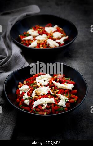 Zwei Schüsseln vegetarischer Salat mit roten Paprika, Mozzarella, gerösteten Pinienkernen, Petersilie und Schnittlauch Stockfoto