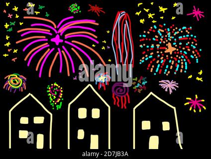 Kinderzeichnung von bunten Feuerwerken über Häusern Stockfoto