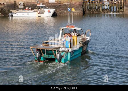 Kleines Fischerboot, das in den Hafen von Arbroath, Arbroath, Angus, Schottland, Großbritannien segelt Stockfoto