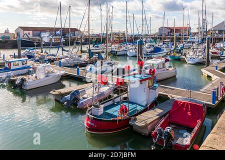 Arbroath Marina mit kleinen Booten und Yachten an den Holzstegen, Arbroath, Angus, Schottland, Großbritannien Stockfoto