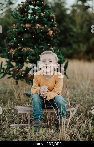 Lächelnder Junge sitzt auf Schlitten gegen Weihnachtsbaum auf dem Land Stockfoto