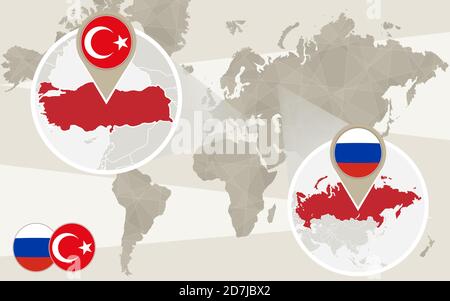 Weltkarte Zoom auf Türkei, Russland. Konflikt. Türkei Karte mit Flagge. Russland Karte mit Flagge. Vektorgrafik. Stock Vektor