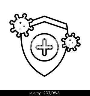 Immunschutz vor Bakterien und Viren Konzept Umriss Symbol auf weißem Hintergrund isoliert. Abbildung des Schildes und Coronavirus-Umrisses. Stock Vektor