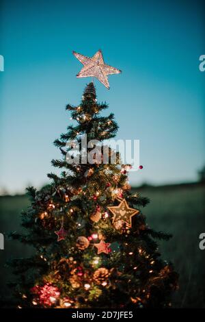 Nahaufnahme von Weihnachtsbaum mit sternförmigen Topper gegen klar Himmel bei Dämmerung Stockfoto