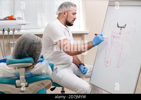Zahnarzt Zeichnung Bild des Zahnes auf weißem Brett im Zahnarzt Büro Stockfoto