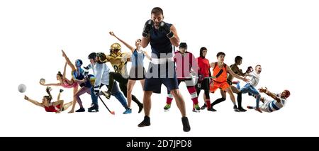 Sport Collage von Profisportlern oder Spielern auf weißem Hintergrund, Flyer. Aus verschiedenen Fotos von 12 Modellen. Konzept von Bewegung, Aktion, Kraft, Ziel und Leistungen, gesunder, aktiver Lebensstil. Stockfoto