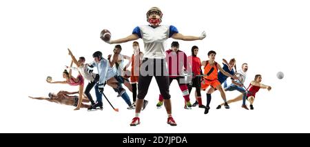 Sport Collage von Profisportlern oder Spielern auf weißem Hintergrund, Flyer. Aus verschiedenen Fotos von 11 Modellen. Konzept von Bewegung, Aktion, Kraft, Ziel und Leistungen, gesunder, aktiver Lebensstil. Stockfoto