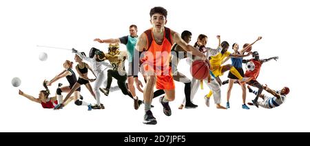 Sport Collage von Profisportlern oder Spielern auf weißem Hintergrund, Flyer. Aus verschiedenen Fotos von 13 Modellen. Konzept von Bewegung, Aktion, Kraft, Ziel und Leistungen, gesunder, aktiver Lebensstil. Stockfoto