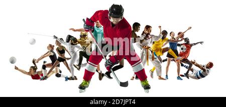 Sport Collage von Profisportlern oder Spielern auf weißem Hintergrund, Flyer. Aus verschiedenen Fotos von 13 Modellen. Konzept von Bewegung, Aktion, Kraft, Ziel und Leistungen, gesunder, aktiver Lebensstil. Stockfoto