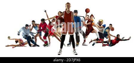 Sport Collage von Profisportlern oder Spielern auf weißem Hintergrund, Flyer. Aus verschiedenen Fotos von 11 Modellen. Konzept von Bewegung, Aktion, Kraft, Ziel und Leistungen, gesunder, aktiver Lebensstil. Stockfoto