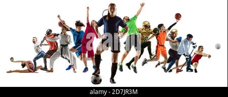 Sport Collage von Profisportlern oder Spielern auf weißem Hintergrund, Flyer. Aus verschiedenen Fotos von 12 Modellen. Konzept von Bewegung, Aktion, Kraft, Ziel und Leistungen, gesunder, aktiver Lebensstil. Stockfoto