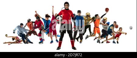 Sport Collage von Profisportlern oder Spielern auf weißem Hintergrund, Flyer. Aus verschiedenen Fotos von 11 Modellen. Konzept von Bewegung, Aktion, Kraft, Ziel und Leistungen, gesunder, aktiver Lebensstil. Stockfoto