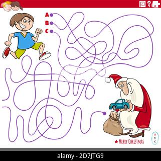 Cartoon Illustration von Linien Labyrinth Puzzle-Spiel mit Santa Claus Und glücklicher Junge auf Weihnachtszeit Stock Vektor