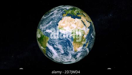 Schöne Foto realistische 3d Erde auf Raum. .Vorderansicht der Erde aus dem Weltraum mit Wolken und grünen Landschaften Vollansicht Erde 4k Auflösung. Stockfoto