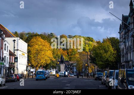 Bunte Herbstbäume sind hinter der Statue von König Alfred in der Stadt Winchester, Hampshire, England zu sehen. Stockfoto