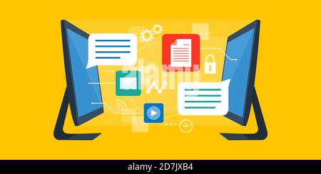 Computer teilen Dateien, Datenübertragung und Social Media Konzept Stock Vektor