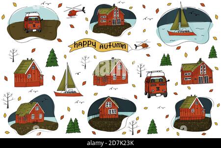 Set von Holzhäusern, Hubschrauber, Weihnachtsbäume, Inschrift Happy Autumn, Yacht-Wohnwagen, Reise-Anhänger, Wohnmobil oder Wohnmobil Anhänger und Fahrrad Zeug isoliert auf einem weißen Hintergrund für Aufkleber Stock Vektor