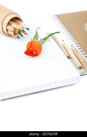 Buntstifte, Hefte und Rosenblumen isoliert auf weißem Hintergrund. Stockfoto
