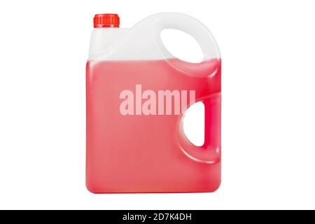 Rotes Frostschutzmittel in einer 5-Liter-Flasche Frostfreie Reinigungsflüssigkeit. Es gibt Plätze für ein Label. Frontalansicht. Stockfoto