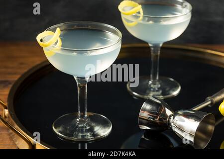 Hausgemachter Dry Gin Martini mit Zitronengarnish Stockfoto