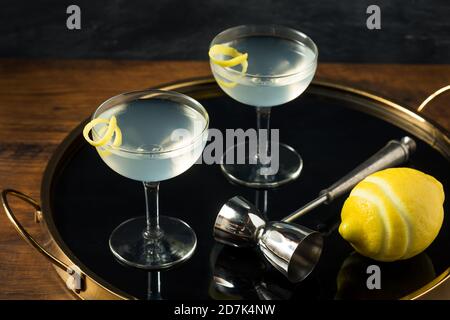 Hausgemachter Dry Gin Martini mit Zitronengarnish Stockfoto