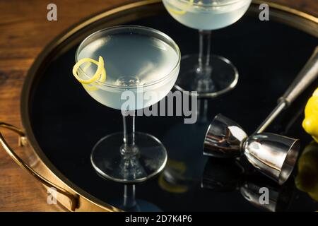 Hausgemachter Dry Gin Martini mit Zitronengarnish Stockfoto